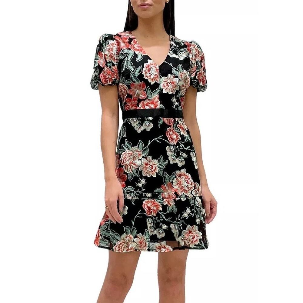 SAM EDELMAN‎ Women Floral Embroidered Puff-Sleeve Dress Black Multi Size 12 NEW